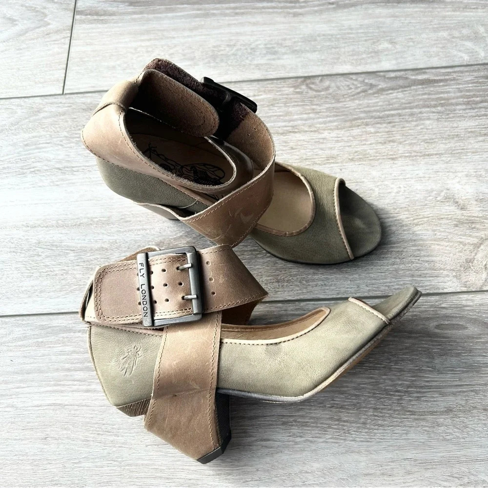 Fly London Sage Green Leather Ankle Strap Sandal Made in Portugal